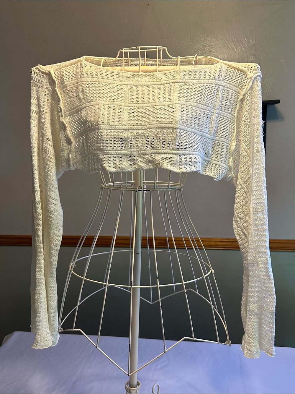 White Cropped Open-Knit Sweater